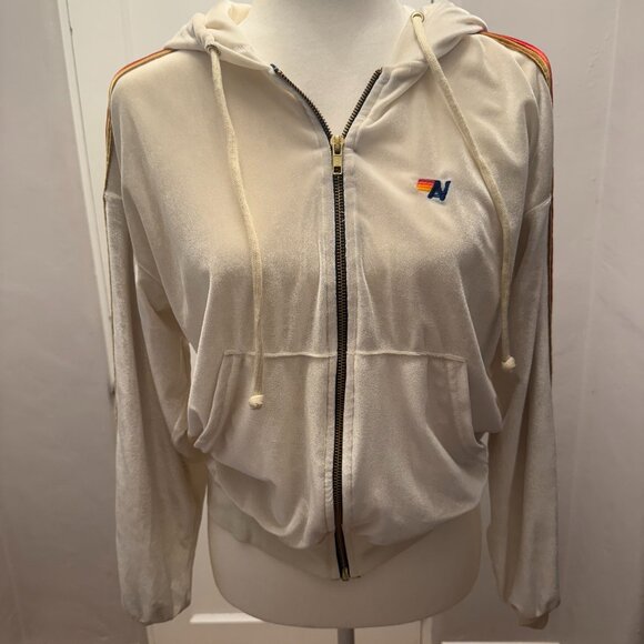 Aviator Nation Tops - Aviator Nation White Velour Hoodie Rainbow Sleeves XS
